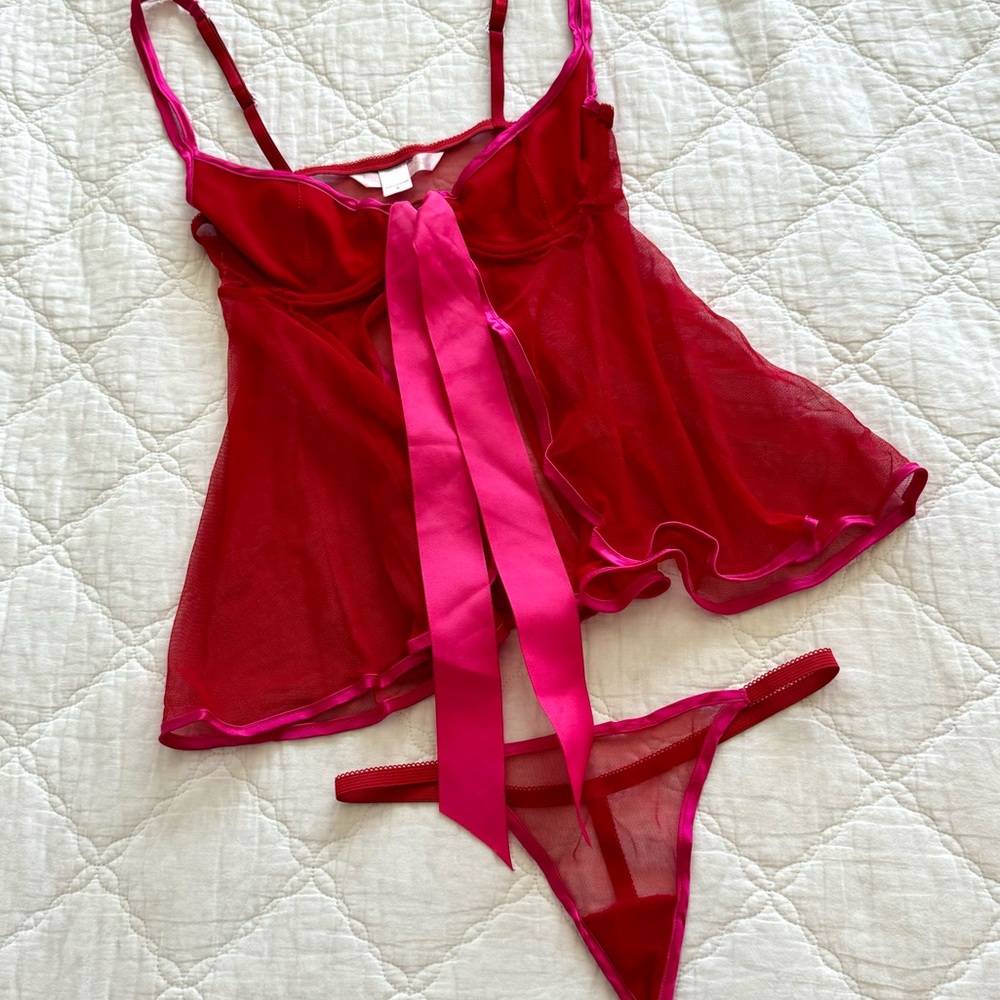 Vintage Victorias Secret Red Chemise and Thong Lingerie Set